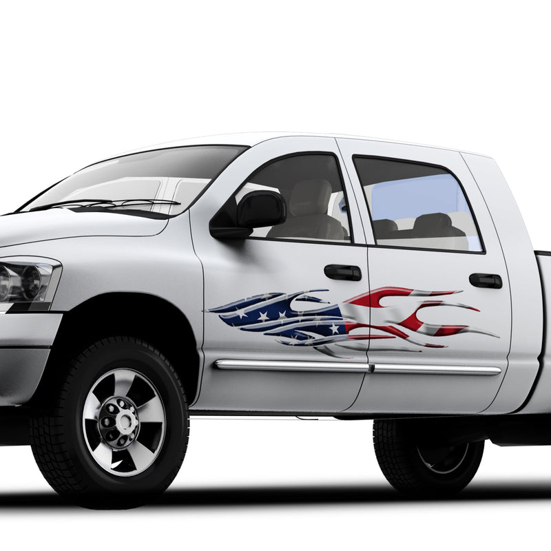 american flag flames vinyl graphics on the side of white truck